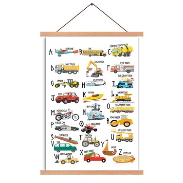 Natural Wood Magnetic Hanger Frame ABC Alphabet Poster- English Alphabet Canvas Wall Art Print Cartoon Traffic Tools Painting,35X56cm Frames Hanging Kit