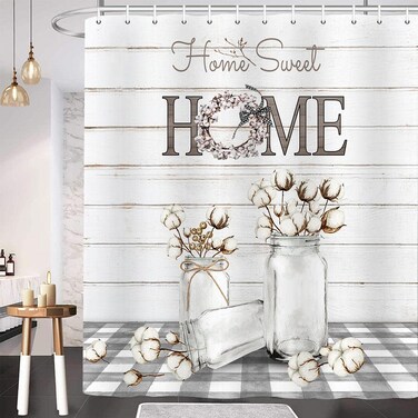 Farmhouse Shower Curtain, Modern Floral Mason Jar on Rustic Cotton Flower Buffalo Plaid Shower Curtain Set, Gray Barn Wooden Rustic Farm Sweet Home Fabric Bathroom Curtains, 69X70 Inches Grey