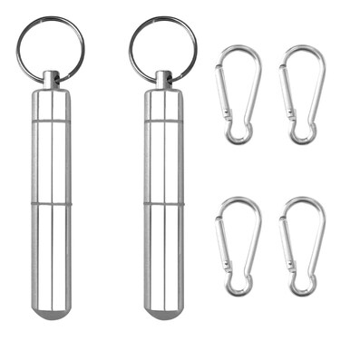 ACKLLR 2 Set Aluminum Toothpick Holder with 4 Pack Keychain, Portable Alloy Pocket Waterproof Box Metal Pill Toothpick Case and Buckles for Travel Picnic and Camping, 3 x 0.6 Inch, Silver