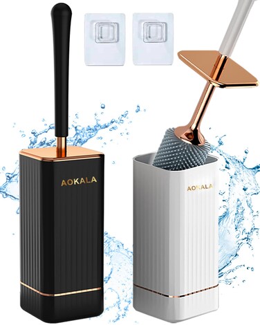 Aokala Toilet Brush and Holder, Elegant 2 Pack Silicone Toilet Bowl Brush Set with Ergonomic Long Handle, Modern Bathroom Decor Cleaning Accessories, Durable, Deep Cleaning - Black &amp; White