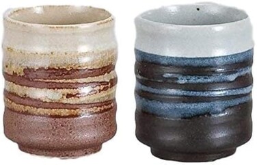 j-pure hitomi Japanese Mino Ware Ceramic Yunomi Tea Cups Set, 3.15 Inches High and 2.76 Inches in Diameter, 5.75 Fluid Ounces, for Hot Green Tea, Bancha, Set of 2 (Brown, Blue)