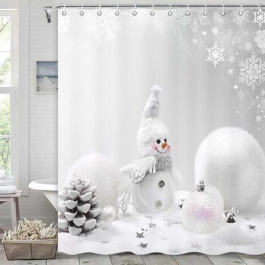 ICTEISOM Winter Christmas Shower Curtain, Snowman Snowflake Grey Bathroom Curtains Set with Hooks, Holiday Home Decor Fabric Shower Curtains, 72x72 Inches