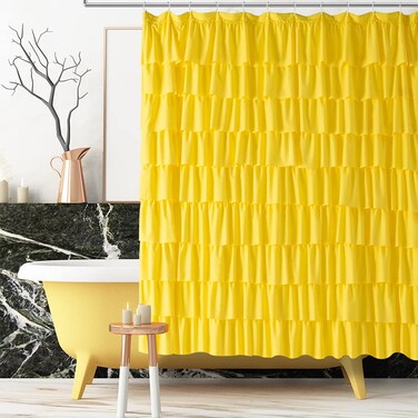 WestWeir Ruffle Shower Curtain, 72-inches Extra Long, Yellow Ruffled Bath Curtains for Bathroom, Fabric Farmhouse Decor, Soft Touch Decorative Cloth Textured, (72 inch Wide,1 Panel)