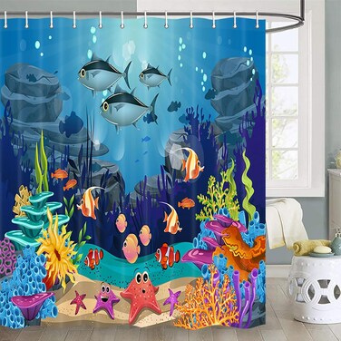 JAWO Ocean Underwater World Shower Curtain for Kids, Tropical Fish Shower Curtain Turtle Coral in The Deep Sea Shower Curtain Waterproof Fabric 72"X72", 12PCS Hooks Include