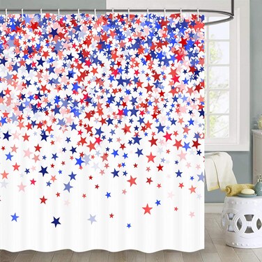 4th of July Shower Curtain, American Flag Shower Curtain Fourth of July Shower Curtain Patriotic Independence Day Shower Curtain Red White and Blue Shower Curtain with Hooks (72x72 Inches)