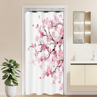 Kikiry Small Stall Shower Curtain 36''W x 72''L Half Narrow 36 Inch Pink Cherry Blossom Sakura Bathroom Curtains Floral Pink White Japanese Style Polyester Fabric 7 Pack Plastic Hooks
