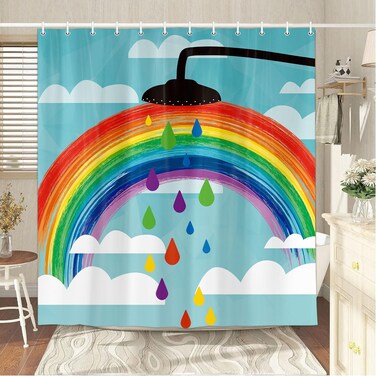 Wathon Funny Rainbow Shower Curtain for Kids, Colorful Rainbow White Cloud on Blue Sky Bathroom Curtains, Cute Creative Kids Cartoon Fabric Shower Curtain Sets with Hooks 72X72 Inches
