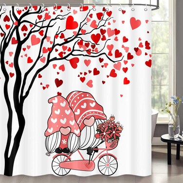 Valentines Day Shower Curtain, Romantic Gnomes Love Red Hearts Tree Fabric Shower Curtains with Hooks Set, Valentine's Bathroom Decor Waterproof Fabric Bath Curtains Home Decorations 72x72 Inches