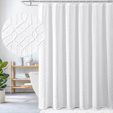 Gibelle Long Shower Curtain 72 x 78, Tall 3D Embossed Textured White Fabric Shower Curtain, Modern Farmhouse Elegant Cloth Bathroom Curtains Shower Set with Hooks