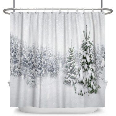 LFEEY Winter Scene Shower Curtain Cool Christmas Theme White Snow Covered Pine Trees Snowflake Bathroom Curtain for Holiday Decor 60x72 Inch Polyester Fabric with Hooks