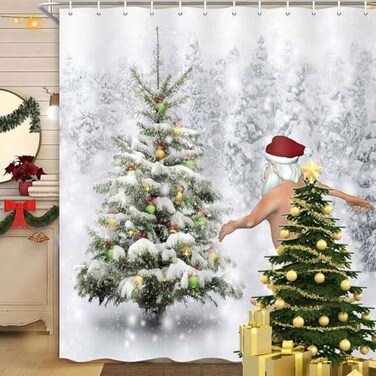 MERCHR Funny Christmas Santa Claus Shower Curtain, Christmas Tree Winter Forest Snowflake Bathroom Curtains, Durable Waterproof Fabric Shower Curtain Set with 12 Hooks, 71 x 71 Inches