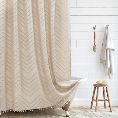 Siiluminisoy Extra Long Boho Shower Curtain, Woven Fabric 84 in Beige Shower Curtain, 72 x 84, Tufted Chevron Striped Modern Chic Textured Minimalist Bathroom Shower Curtain