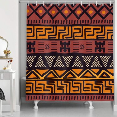 NYMB African Mud Cloth Shower Curtain, Tribal Design Afrocentric Ethnic Bohemian Motif with Geometric Elements Fabric Bathroom Curtain Waterproof Shower Curtains with Hooks