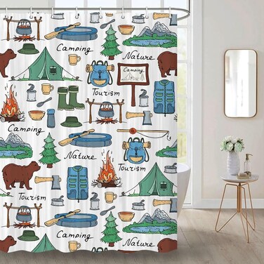 DYNH RV Shower Curtain, Happy Camper Shower Curtain Retro Rustic Wood Bath Curtain for Travel Trailer Camping Motor RV Stall Shower Curtain Small Size Shower CutainSet with Hooks 47x64inches