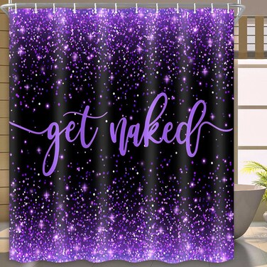Boziqr Fabric Purple Shower Curtain, Get Naked Shower Curtains for Bathroom, Funny Cute Art Fonts Words Bath Curtains Women Girls Bathroom Decor, No Shimmery 70 X 70 Inches