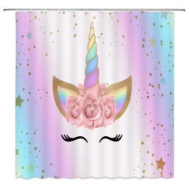 AMFD Unicorn Shower Curtain Rainbow Magic Head Rose Flower Romantic Cute Girl Pink Cartoon Bathroom Curtains Decor Fabric Set Include Hooks,(70" WX70 H)
