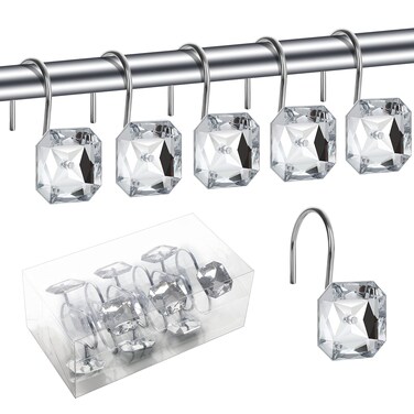 Shower Curtain Hooks, BEAVOING 12 PCS Anti Rust Square Crystal Rhinestones Decorative Shower Hooks Rings for Bathroom Shower Curtains Rods (Clear)