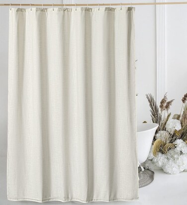 Estmy Beige Boho Farmhouse Linen Shower Curtain and Liner Set All in One, 180GSM Heavy Duty Flax Linen Textured Double Bathroom Shower Curtain with Built in Fabric Shower Curtain Liner, Hooks Included