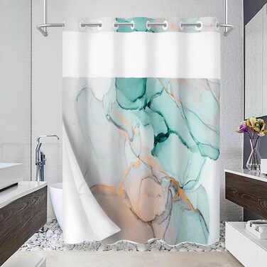 Gibelle No Hook Marble Shower Curtain with Snap-in Fabric Liner Set for Bathroom, Hotel Style Abstract Modern Shower Curtain with See Through Top Window, Waterproof &amp; Washable, 71x74, Green