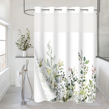 Gibelle No Hook Eucalyptus Shower Curtain with Snap-in Fabric Liner Set, Hotel Style Sage Green Plant Leaves Double Shower Curtain with See Through Top Window, Waterproof &amp; Washable, 72x74