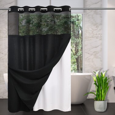 CYPL No Hooks Required Waffle Weave Shower Curtain with Snap in Liner-Hotel Grade Waterproof &amp; Mesh Top Window Spa Like Bath Curtain Machine Washable Heavy Duty 71Wx74L(Black)