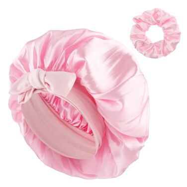 Satin Bonnet for Women, Silk Hair Bonnet for Sleeping Night Sleeping Cap with Tie Band and Scrunchies, Soft Hair Bonnet for Curly Hair Braid(Pink)