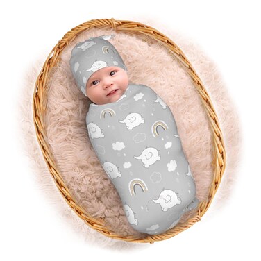 cozeermate Elephant Grey Rainbow Baby Newborn Swaddling Blanket with Beanie Hat Set, Baby Stuff Newborn Receiving Blanket for Baby Boy Girl Swaddles Wrap for Babies B04