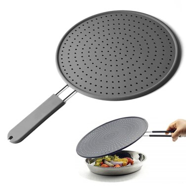 Silicone Splatter Screen Pan Cover 11", Heat Insulation Cooling Mat, Strainer, Drain Board, Oil Splash Guard for Frying Pan, Non-Stick, Heat Resistant Universal Pan Cover
