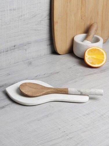NikkisPride Marble Handmade Spoon Rest Kitchen Tool Serving Spoon Holder 10 Inch White