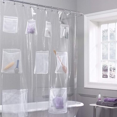 Mateda Waterproof Fabric Shower Curtain or Liner Bath Organizer with 9 Mesh Pockets (Clear)