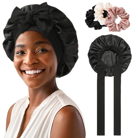 Satin Bonnet for Women Tie Band Hair Bonnet for Sleeping Large 2 Layered Silk Sleeping Cap Nightcap for Sleeping with 3PCS Hair Scrunchies (Leopard Print(Bonus3 Hair scrunchies))