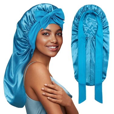 PHILIGHTS Long Bonnet with Tie Band, Satin Bonnet Silk Bonnet for Sleeping Women, Silk Hair Bonnet for Sleeping, Sleep Bonnets for Women, Double Layer Reversible Bonnet for Braids Curly Hair