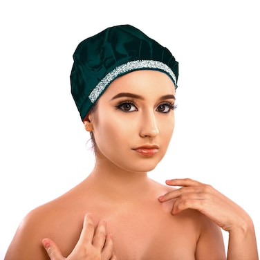 IMPRINTS BY MAU Soft Silk Bling Bonnet Night Cap, Satin Smooth Rhinestone Sleep Hat with Wide Band, Prevents Hair Damage and Frizz (Jet Black)