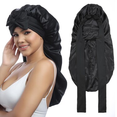 AWAYTR Long Satin Bonnet for Braids - Elastic Silk Hair Bonnets for Sleeping Night Cap Stretchy Tie Band for Women&iuml;&frac14;&circ;Black&iuml;&frac14;&permil;