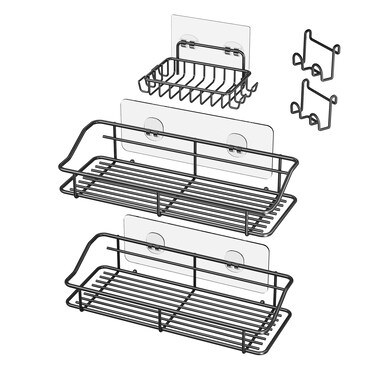 Nieifi Shower Caddy Shelf with Hooks Storage Rack Organizer Adhesive Stainless Steel without Drilling for Bathroom, Lavatory, Washroom, Restroom, Shower, Toilet, Kitchen (Black, 3 Pack)