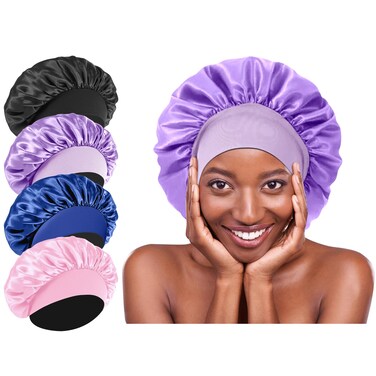 4Pcs Silk Hair Bonnets for Sleeping - Elastic Wide Band Satin Hair Wrap Bonnets for Sleeping Black Women Men,Silk Bonnets for Curly Hair,Silk Sleep Cap Bonnet (Purple &amp; Pink &amp; Sapphire Blue &amp; Black)
