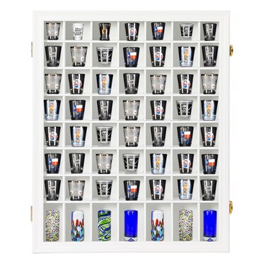 Shot Glass Display Case Wooden Cabinet Rack Holder Wall Mounted 56 Slots White Shadow Box Lockable with UV Protection Acrylic Glass Door Shot Glass Storage Display with Removable Shelves, 23.3"x18.74