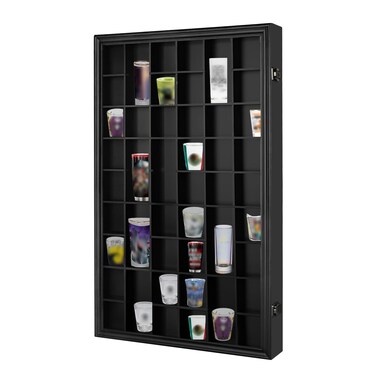 Odjaraye Shot Glass Display Case, 46 Shot Glass Holder Display Case for Wall, Shot Glass Rack Organizer Display Cabinet Lockable with 98% UV Protection Acrylic Door and Removable Shelf, Black