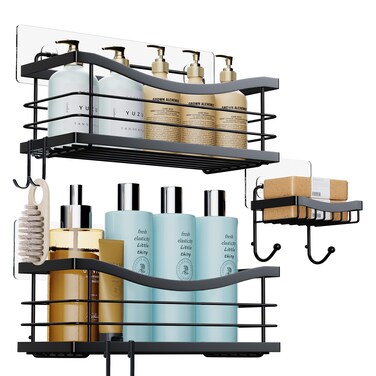 ODesign Shower Caddy 3 Pack-Shower Organizer Shelves Rack Rustproof SUS304 Stainless Steel for Bathroom Storage&amp;Kitchen-No Drilling Adhesive Shower Caddy Shelf with 4 Hooks Suction Cup-Black