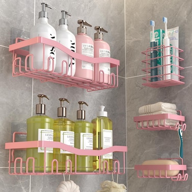 Youvip Pink Shower Caddy, Shower Organizers 5-Pack, Rustproof Bathroom Shower Shelves for Inside Shower, Adhesive Shower Caddy with Soap Holder &amp; Toothbrush Holder No Drilling