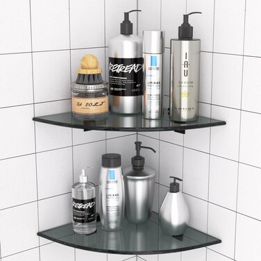 Bakzon 2-Pack Glass Shelf Shower Caddie, Shower Shelves for Inside Shower, Drilling Free Adhesive Wall Mounted Bathroom Organizer Shelves with Aluminium Brackets, Black