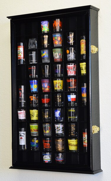 54 Shot Glass Shotglass Shooter Display Case Holder Cabinet Wall Rack w/ UV Protection -Black