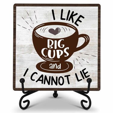 GOLRMC Coffee Bar Decor, Coffee Decor, Coffee Sign, I Like Big Cups, Farmhouse Home Kitchen Wooden Plaque with Iron Stand, Coffee Station Decor for Coffee Coner-A10