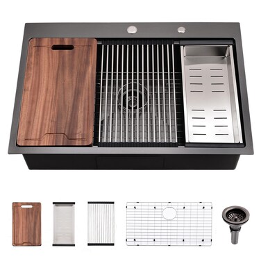 28 Inch Black Drop In Kitchen Sink Workstation - VOKIM 28x22-Inch Single Bowl Kitchen Sink 16 Gauge Stainless Steel 10'' Deep Handmade Kitchen Sink with Cutting Board&amp; Strainer