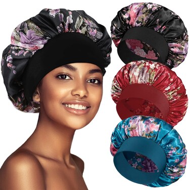 3 Pack Satin Bonnet Silk Bonnet for Sleeping, Sleep Bonnets for Women Hair Bonnet for Sleeping Large Sleep Cap, Wide Soft Band Bonnet for Curly Hair