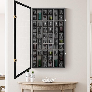 mopam Shot Glass Display Case 52 Slots Solid Wood Cabinet with Lockable Door Wine Cup Storage Box with Removable Shelves Wall Mounted Large Wooden Cabinet for Home and Store 32.67x17.91 in (Brown)