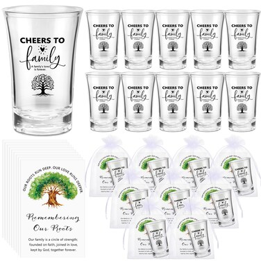 Roshtia 20 Sets Family Reunion Gifts Cheers to Family Tree Short Glasses Acrylic Shot Clear Glasses with Card and Organza Bags Family Gathering Party Supplies Family Reunion Favors for Families