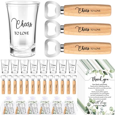 Funnymoom 50 Sets Wedding Shower Favors for Guests Wedding Short Glasses Cheers to Love Acrylic Clear Shot Glasses Bottle Opener with Thank You Cards Organza Bags Wedding Thank You Gifts for Bridal