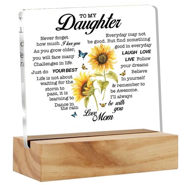 Daughter Gift Daughter Gifts From Mom, Daughter I Love You Desk Decor Floral Acrylic Desk Plaque Sign with Wood Stand Home Office Desk Sign Keepsake Inspirational