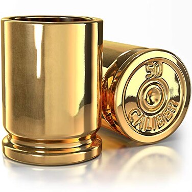 The Original 50 Caliber Brass Ceramic Shot Glasses - Set of 2 - American Owned &amp; Operated - LIFETIME Guarentee